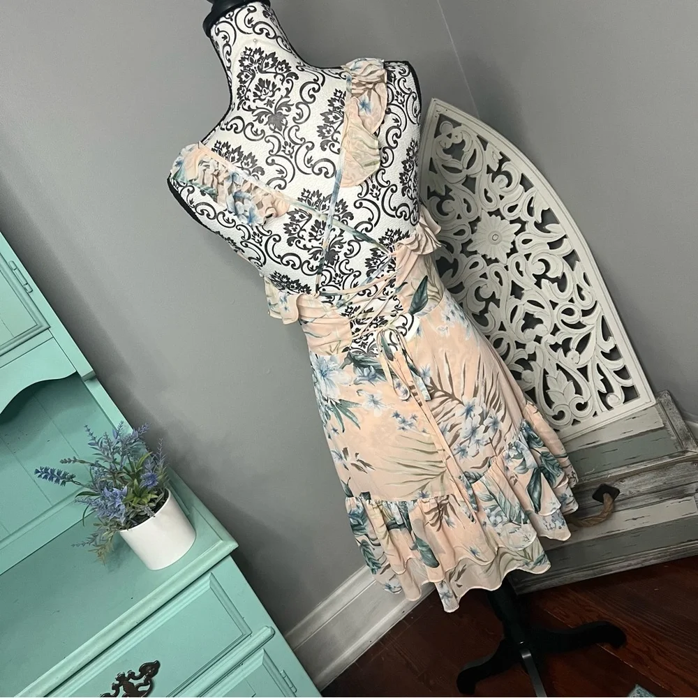 Lulus Sunrise Journey Blush Floral Lace Up Ruffle Mini Dress Size Small - Picture 12 of 16